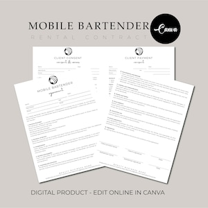 May include: A black and white digital template for a mobile bartender rental contract. The document includes sections for client consent, payment, and an agreement. The Canva logo is visible in the upper right corner. The text "DIGITAL PRODUCT - EDIT ONLINE IN CANVA" is at the bottom.