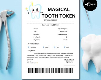 Tooth Fairy Letter and Tooth fairy Receipt, Editable Tooth Fairy Printable, Tooth fairy pillow accessory, Canva First Tooth Certificate