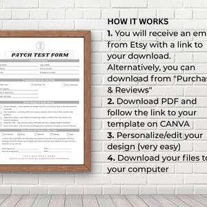 May include: A framed Patch Test Form with the text "PATCH TEST FORM" at the top. The form includes sections for client information, treatment details, and a checklist for allergies and health concerns. Instructions on how to download the form are on the right.