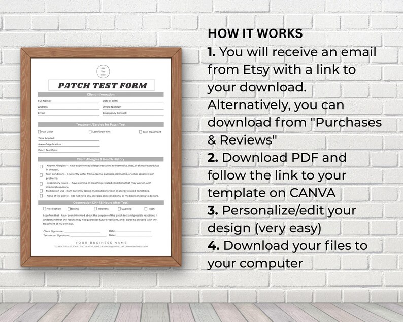 May include: A framed Patch Test Form with the text "PATCH TEST FORM" at the top. The form includes sections for client information, treatment details, and a checklist for allergies and health concerns. Instructions on how to download the form are on the right.