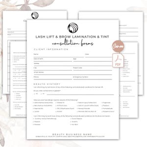May include: A set of white Lash Lift & Brow Lamination & Tint consultation forms featuring a black logo of a stylised face profile. The documents include sections for client information, health history, and checkboxes for various skin conditions.