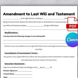 May include: A white document titled "Amendment to Last Will and Testament" with fillable fields. A red PDF icon and a Canva logo are in the upper right corner. The document includes sections for modifications and cancellation of terms.