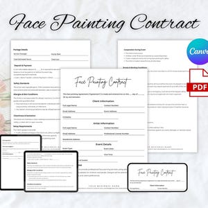 May include: A face painting contract template with the title "Face Painting Contract" in elegant script. The design includes a Canva logo, a PDF icon, and sections for client and artist information.