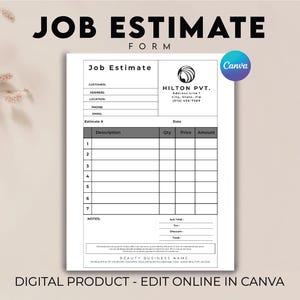 Job Estimate Template, Work Estimate Form, Editable Construction Bid, Contractor Estimate, Simple Job Estimate Form, Home Remodelling Form