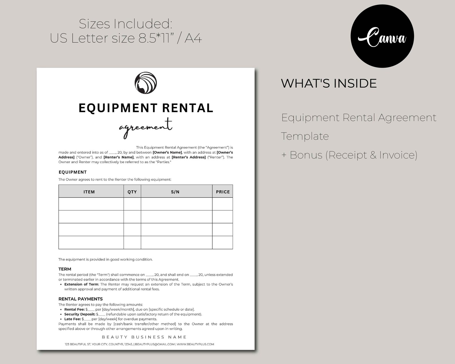 Editable Equipment Rental Agreement Template, Party Supplies Rental ...
