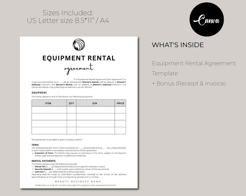 Editable Equipment Rental Agreement Template, Party Supplies Rental ...