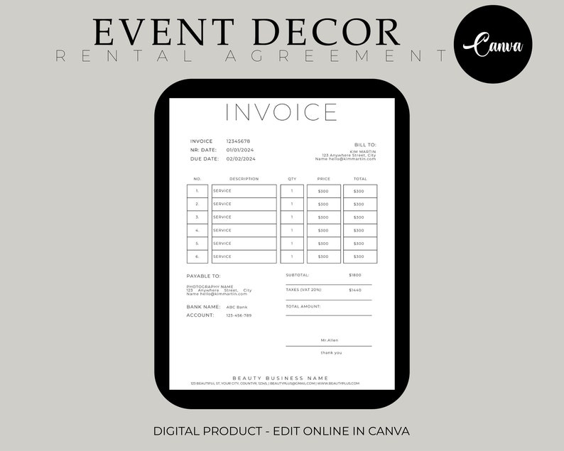 Event Décor Rental Contract, Editable in Canva, Party Equipment Rental ...