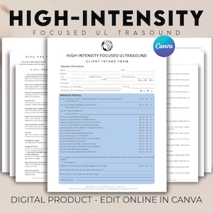 May include: A collection of white paper documents with black text, including a client intake form for high-intensity focused ultrasound. The documents are set against a beige backdrop and the text "DIGITAL PRODUCT - EDIT ONLINE IN CANVA".