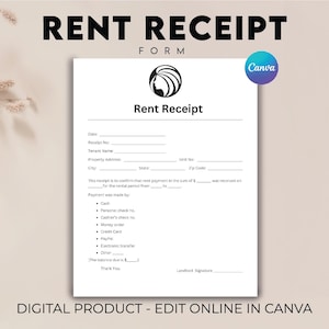 Landlord Rent Receipt Template, Landlord Tenant Sales Receipt, Editable Receipt Template, Customer Receipt, Sales Receipt, Invoice Template
