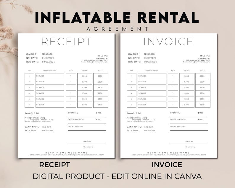 May include: Two white documents labeled "RECEIPT" and "INVOICE" with black text. The documents include fields for invoice number, date, due date, and service details. The text "INFLATABLE RENTAL AGREEMENT" is at the top. The bottom text reads "DIGITAL PRODUCT - EDIT ONLINE IN CANVA".