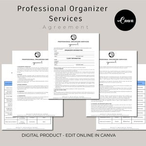 Editable Professional Organizer Contract Template, Organizing Service Agreement, Client Intake Form, Invoice Template, Canva editable