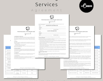 Plantilla editable de contrato de organizador profesional, acuerdo de servicio de organización, formulario de admisión de clientes, plantilla de factura, Canva editable