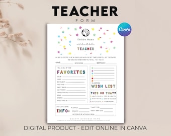 May include: A printable teacher form with a colorful confetti design. The form includes sections for the teacher's name, monogram, birthday, favorite color, candy, restaurant, fast food, sweet snack, salty snack, coffee/caffeine, drink, hobbies, ways to relax, allergies, and a classroom wish list.