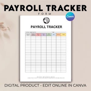 Può includere: Un modulo di rilevamento buste paga bianco con il titolo "PAYROLL TRACKER" in grassetto nero. Il modulo include sezioni per le note dei dipendenti, le ore lavorate, la tariffa oraria, la retribuzione lorda, altre detrazioni, le tasse, la retribuzione netta e le note. Le parole "DIGITAL PRODUCT - EDIT ONLINE IN CANVA" sono in basso.