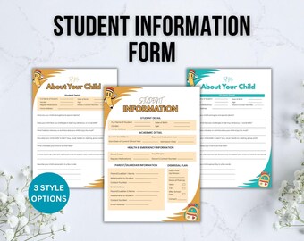 May include: Three student information forms with different designs. The forms include sections for student details, academic information, health, and emergency contacts. The text "Student Information Form" is at the top. The forms have a pencil and backpack graphic.