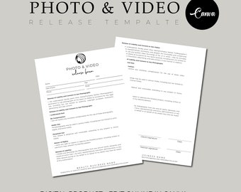 May include: Black and white photo and video release form template for use with clients. The form includes fields for the client's name, date, phone number, email address, and signature. The form also includes a section for the photographer's name, date, and signature. The form is designed to be used for both photo and video releases.