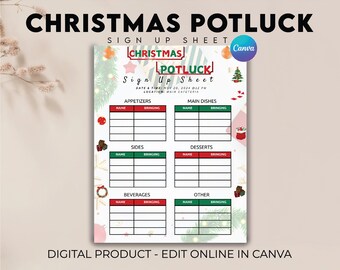 Christmas Potluck Sign Up Sheet, Holiday Potluck Sign Up Sheet, Church Christmas Potluck Signup Sheet, Work Potluck Up, Potluck Sign Up Form