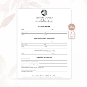May include: A white birth doula consultation form with black text, featuring sections for client, emergency contact, partner, and pregnancy information. The document includes a logo of a stylized profile and placeholders for contact details and dates.
