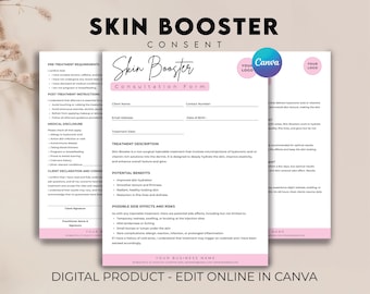 May include: A digital Skin Booster Consultation Form in pink and white. The form includes sections for client details, treatment information, potential benefits, and risks. The text "Skin Booster" is displayed at the top of the form.