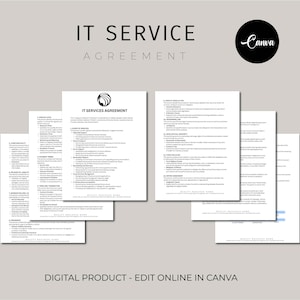 Pode incluir: Um modelo digital preto e branco para um Contrato de Serviços de TI. O documento inclui seções para o Nível de Serviço, Confidencialidade, Liberação de Responsabilidade, Garantias e Indenizações, Termos de Pagamento, Prazo e Rescisão, Força Maior, Resolução de Disputas, Propriedade Intelectual, Lei Aplicável, Acordo Completo e Avisos. O documento foi projetado para ser editado online no Canva.