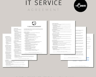 Peut inclure: Un modèle numérique noir et blanc pour un contrat de services informatiques. Le document comprend des sections pour le niveau de service, la confidentialité, la libération de responsabilité, les garanties et les indemnités, les conditions de paiement, la durée et la résiliation, la force majeure, la résolution des litiges, la propriété intellectuelle, la loi applicable, l'intégralité de l'accord et les notifications. Le document est conçu pour être édité en ligne dans Canva.