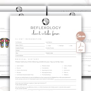 Op de afbeelding: Een wit reflexologie-intakeformulier voor cliënten met zwarte tekst en een rond logo met een gestileerd profiel. Het document bevat secties voor cliëntinformatie en medische geschiedenis, met selectievakjes voor aandoeningen en invulregels.