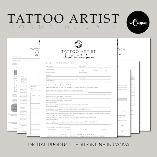 Tattoo Artist forms bundle - Editable!, Tattoo Consent Form, Tattoo Artist Business Forms, Tattoo Consent Document,Tattoo Intake Form.