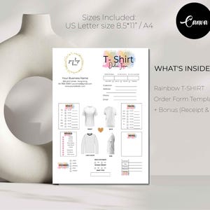 Puede incluir: Una plantilla de formulario de pedido de camiseta imprimible con un dise&ntilde;o de acuarela arco&iacute;ris. El formulario incluye secciones para la informaci&oacute;n del cliente, las tallas, los detalles y el pago. Tambi&eacute;n incluye una plantilla de recibo y factura de bonificaci&oacute;n.