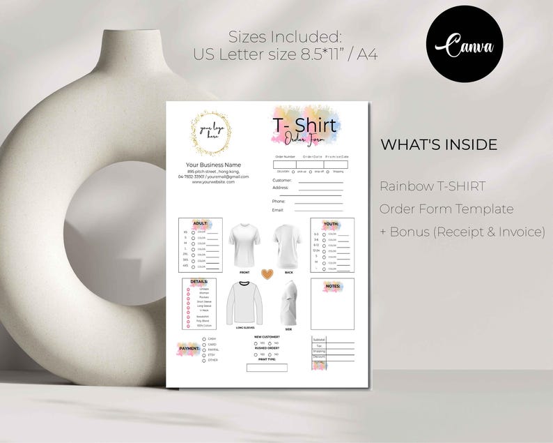 Puede incluir: Una plantilla de formulario de pedido de camiseta imprimible con un dise&ntilde;o de acuarela arco&iacute;ris. El formulario incluye secciones para la informaci&oacute;n del cliente, las tallas, los detalles y el pago. Tambi&eacute;n incluye una plantilla de recibo y factura de bonificaci&oacute;n.
