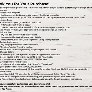 May include: A white background with black text that reads "Thank You for Your Purchase!" followed by instructions on how to customize a Canva template. The text includes steps for editing, customizing images, and downloading the final design.