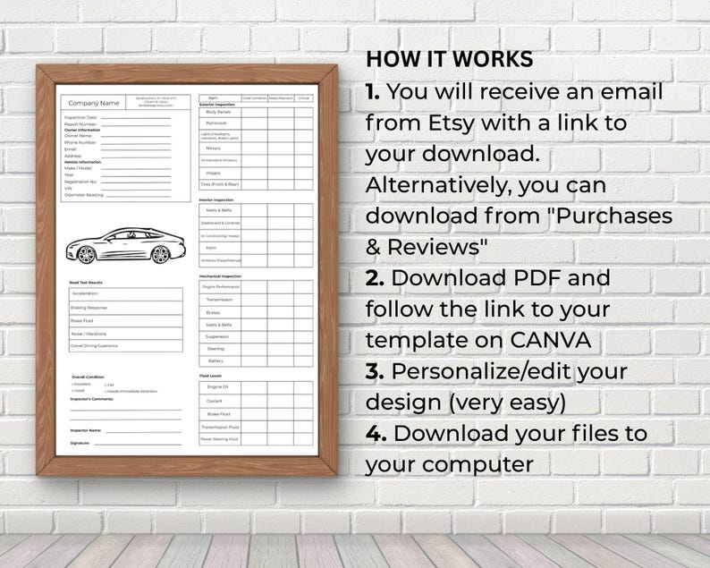 Printable Vehicle Inspection Report, Editable Car or Equipment Rental ...