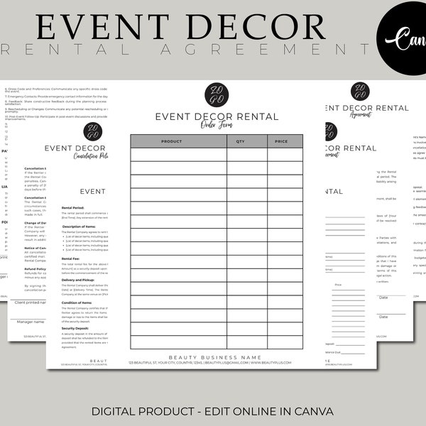Event Décor Rental Contract, Editable in Canva, Party Equipment Rental Contract, Event Contract, Wedding Décor Rental Contract, Printable