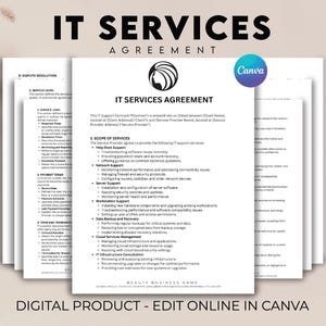 May include: A stack of white paper documents with the title "IT SERVICES AGREEMENT" in bold black letters. The documents include a logo and text detailing IT support services. The Canva logo is visible. The words "DIGITAL PRODUCT - EDIT ONLINE IN CANVA" are at the bottom.
