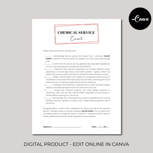 May include: A printable chemical service consent form with a red border. The form includes a section for the salon name, date, and signature. The text on the form reads: "Chemical Service Consent".