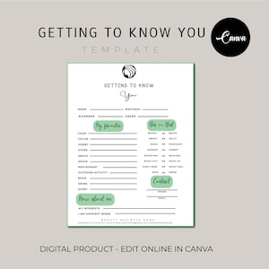 Getting To Know You Printable, Coworker Questions, All About Me Survey, Employee Favorite Things Survey, Getting to know you page, Canva