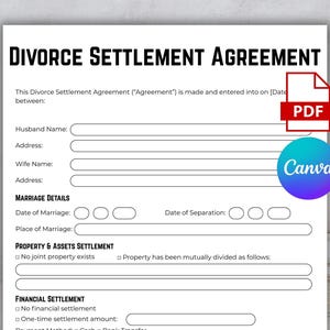 Könnte beinhalten: Schwarz-weißes Dokument mit dem Titel „DIVORCE SETTLEMENT AGREEMENT“ mit ausfüllbaren Feldern für Namen, Adressen und Heiratsdetails. Enthält ein PDF-Symbol und ein Canva-Logo.