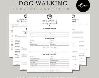 Dog Walking Service Agreement/Contract Template, Invoice, Editable & Printable Dog Walking Business New Client Intake Form, CANVA Templates