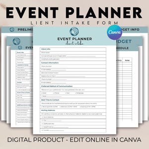 Puede incluir: Un conjunto de formularios de planificador de eventos con un diseño turquesa y blanco. Los formularios incluyen secciones para información del cliente, detalles de contacto y programación del presupuesto. El texto "EVENT PLANNER" y "DIGITAL PRODUCT - EDIT ONLINE IN CANVA" son visibles.