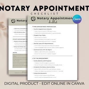 Może przedstawiać: Cyfrowa lista kontrolna wizyt notarialnych w zielono-białej szacie graficznej. Lista kontrolna zawiera sekcje dotyczące przygotowania przed wizytą, zadań po wizycie i notatek. Tekst "DIGITAL PRODUCT - EDIT ONLINE IN CANVA" znajduje się na dole.