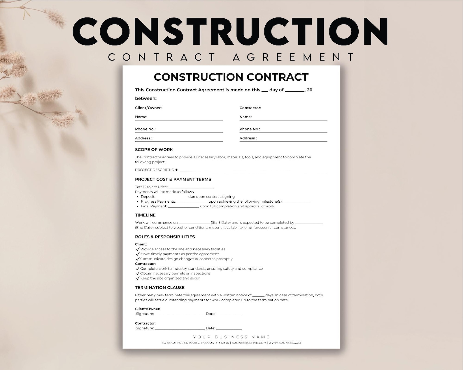 Editable Construction Contract Agreement Template, Simple Construction ...