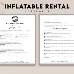 May include: Two-page Inflatable Rental Agreement document. The first page includes a logo and fields for lessee information. The second page outlines return conditions, care acknowledgment, and liability waiver details. Text is in black on a white background.