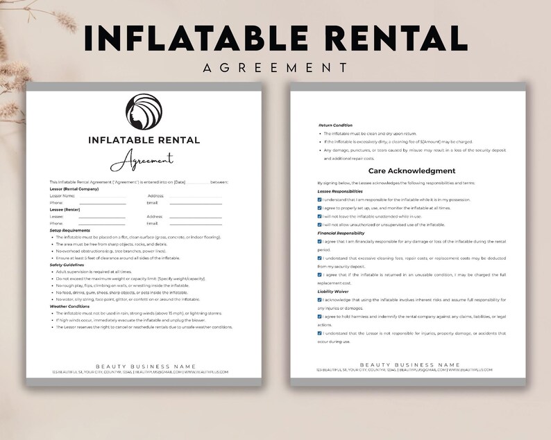May include: Two-page Inflatable Rental Agreement document. The first page includes a logo and fields for lessee information. The second page outlines return conditions, care acknowledgment, and liability waiver details. Text is in black on a white background.