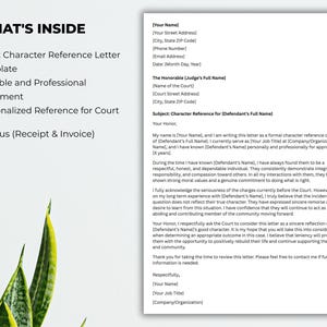 May include: A white document template with the text "Court Character Reference Letter" and "Editable and Professional Document." The document includes fields for the judge's name, court address, and a subject line. A bonus receipt and invoice are also included.