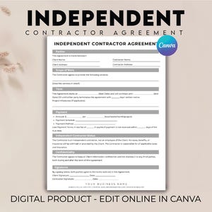Independent Contractor Agreement Template, Editable Contractor Contract, Simple Business Contract, Editable Invoice and Receipt Template
