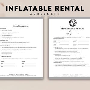 May include: Two white pages with the text "INFLATABLE RENTAL AGREEMENT" at the top. One page has a logo and the word "Agreement" in cursive. The other page has the words "Rental Agreement". Both pages have lines for signatures and contact information.