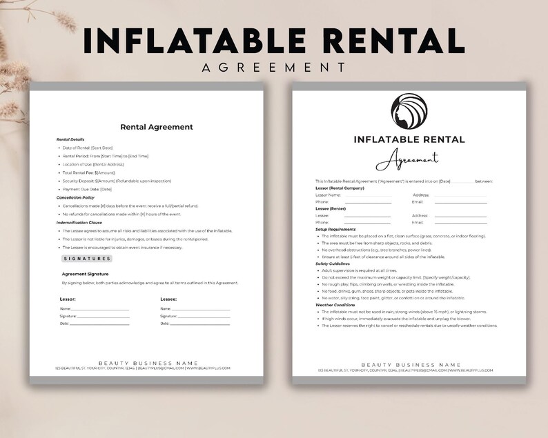 May include: Two white pages with the text "INFLATABLE RENTAL AGREEMENT" at the top. One page has a logo and the word "Agreement" in cursive. The other page has the words "Rental Agreement". Both pages have lines for signatures and contact information.