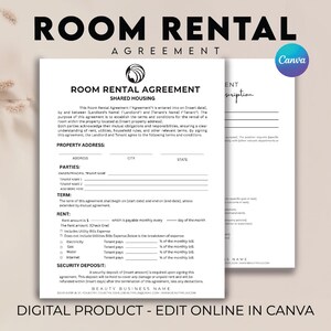 Room Rental Agreement Template, Editable Room Tenancy Agreement, Roommate Room Rental Agreement, Room Rental Contract, Room Rental Business