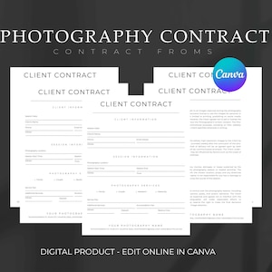 Editable Photography Client Contract Template, Client Agreement, Contract for Photographers, Canva Template, Photography Forms, A4 size