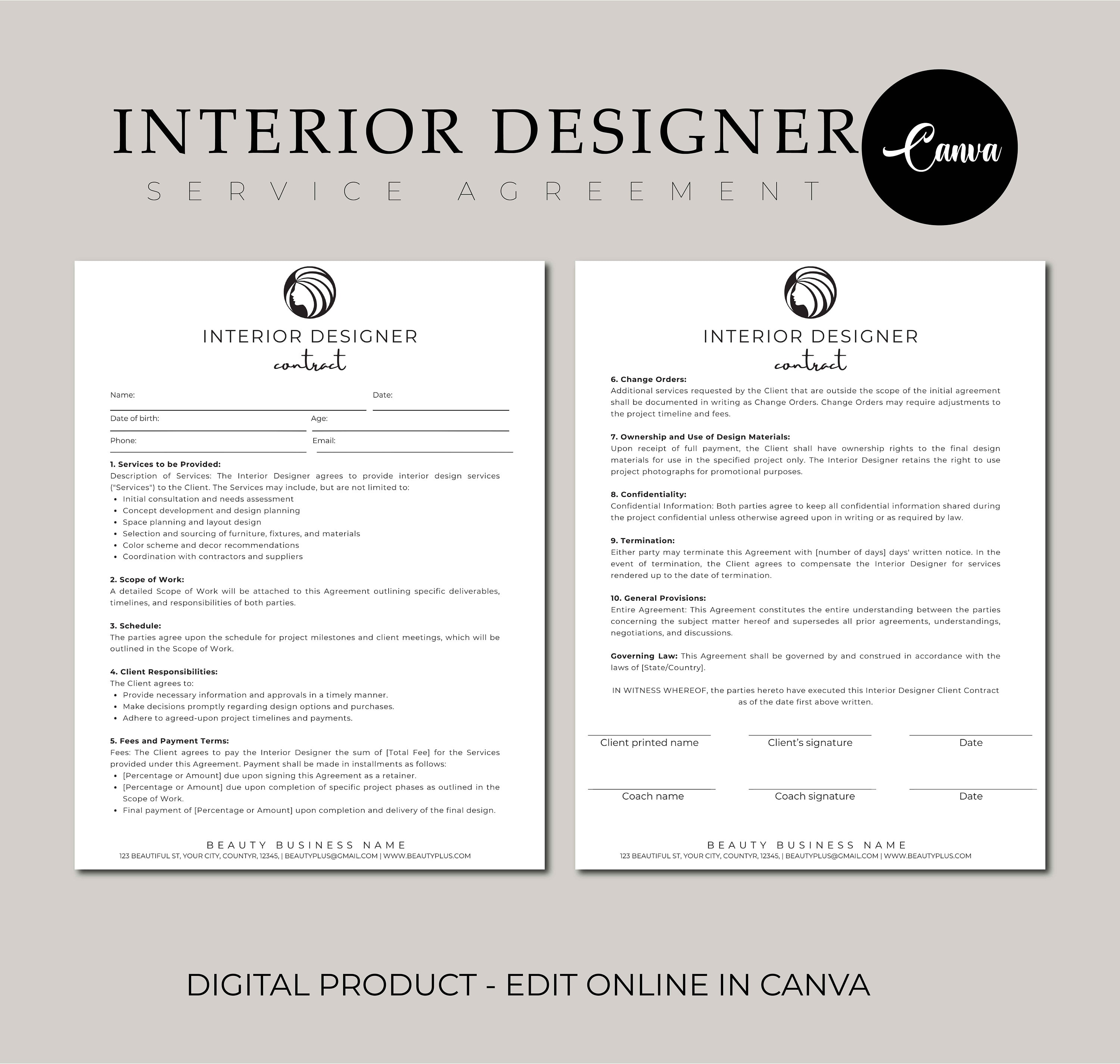 Interior Designer Contract Template, Client-Designer Agreement Template, Editable Service Contract, Interior Design Invoice, Contract Forms