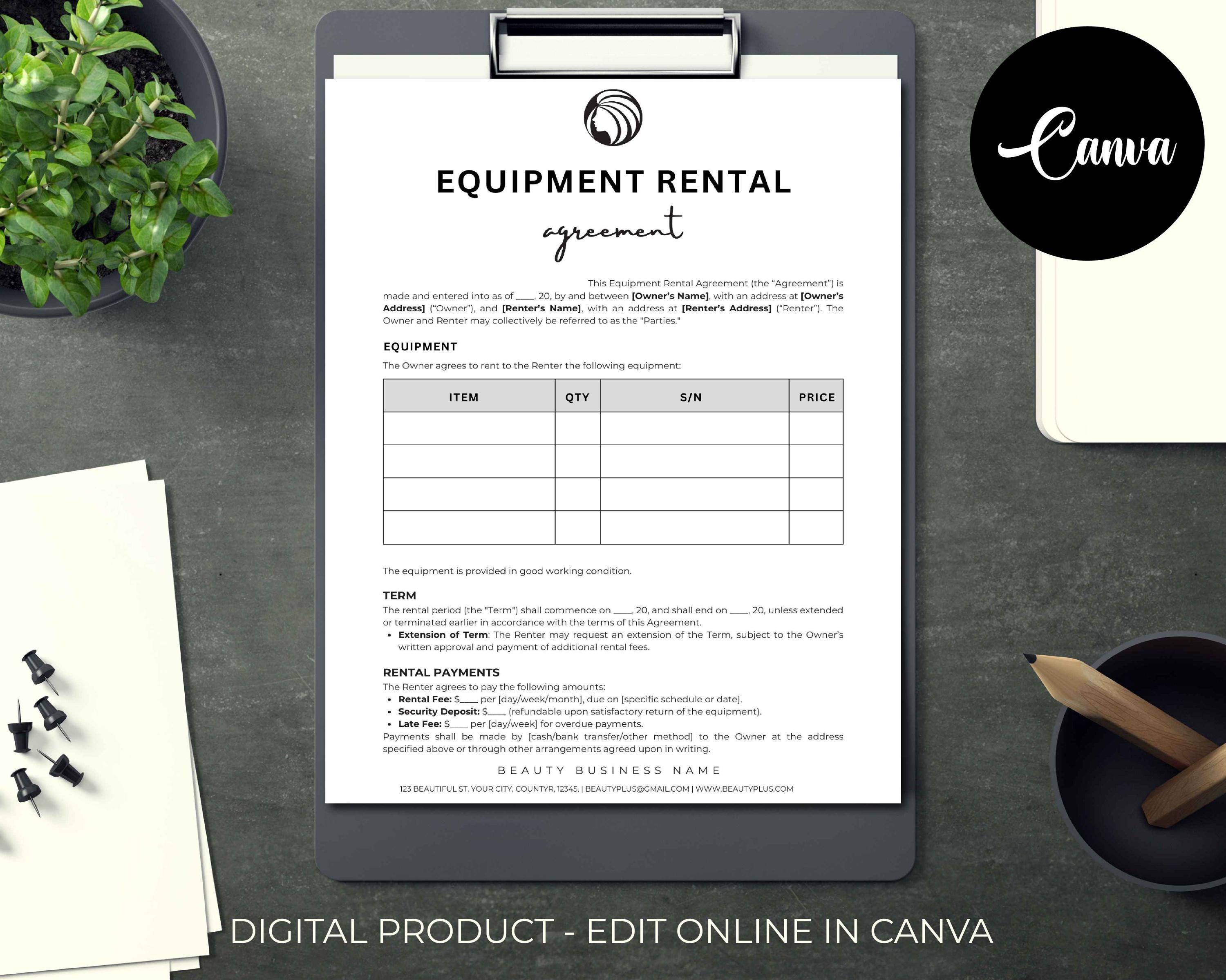 Editable Equipment Rental Agreement Template, Party Supplies Rental ...